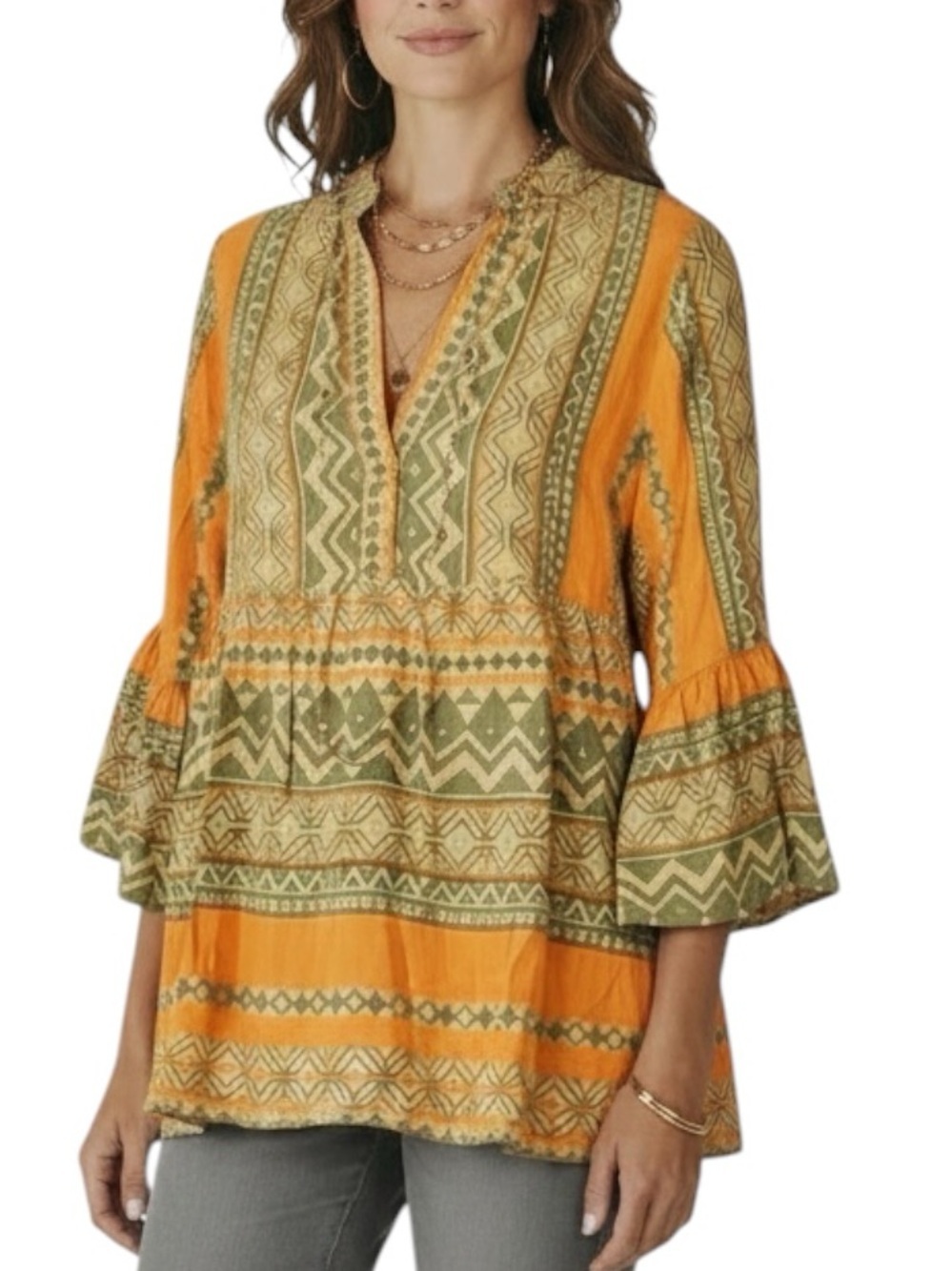 NWT EASEL Tribal Print Boho Ruffle Detail V-Neck Babydoll Top Size Small